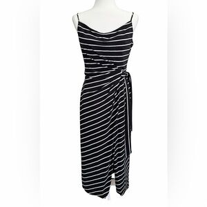 Lauren Ralph Lauren Black White Stripe Faux Wrap Midi Dress Sz 6 Spaghetti Strap